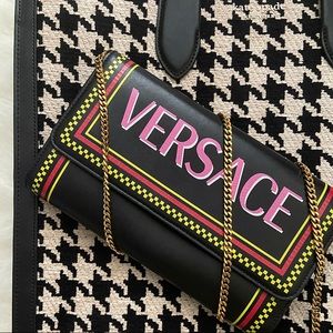 Versace 90’s Vintage Logo Leather Wallet On Chain